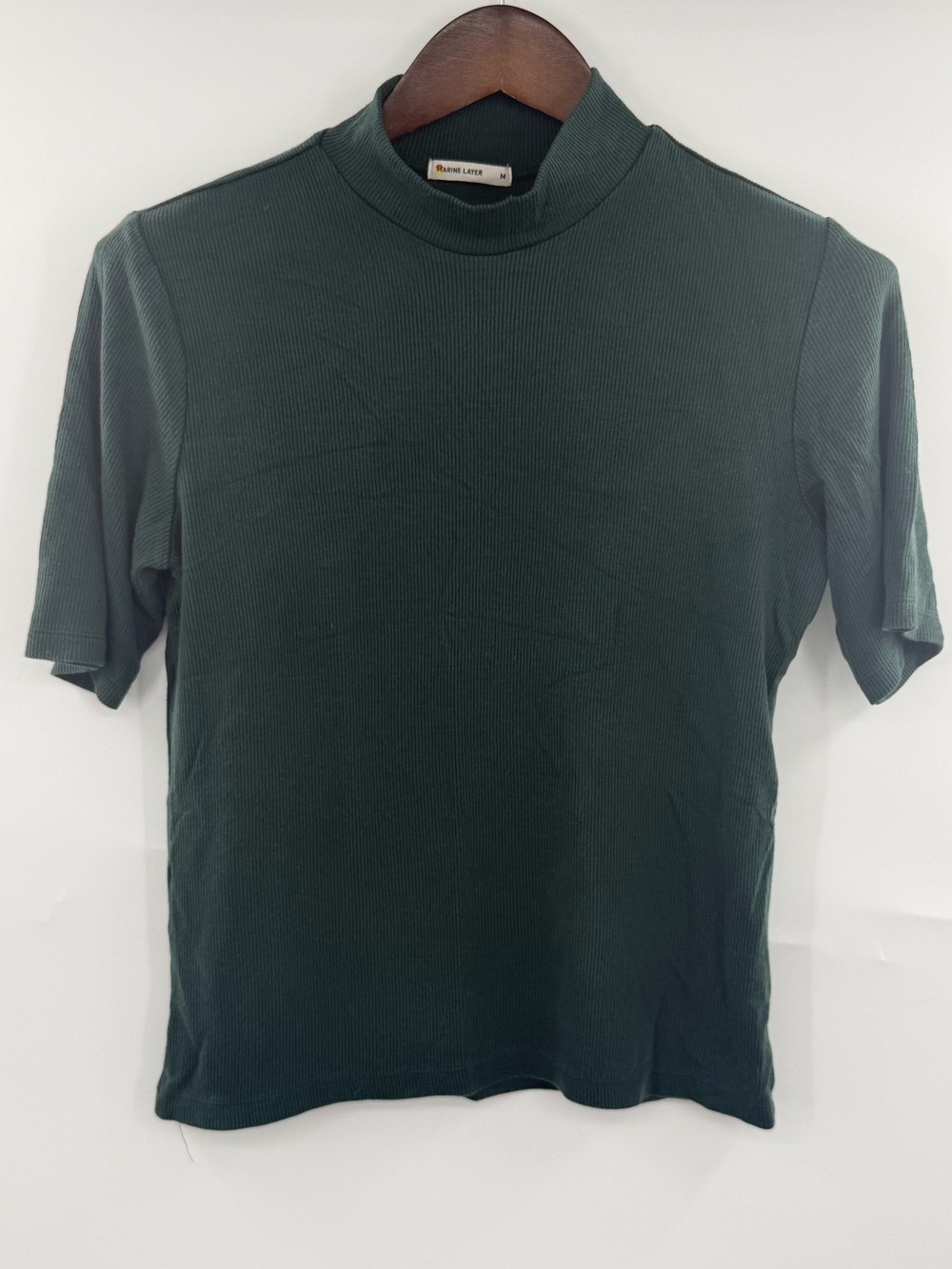 Marine Layer Womens M Ribbed Mock Neck Top Green Tencel Lyocell Short Sleeve